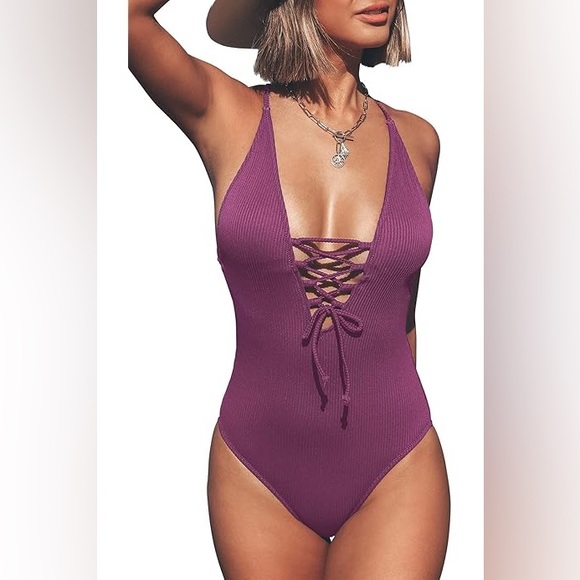 CUPSHE Remind Me Solid One-piece Swimsuit Women Backless Deep V neck Lace Up - Picture 1 of 6